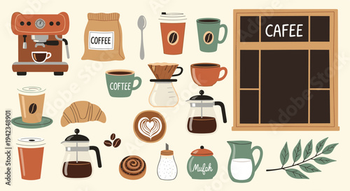 Coffee shop elements flat lay with espresso machine and pastry for cafe promotion