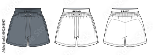Unisex Athleisure Shorts Technical Fashion Illustration. Panel Constructed Sweat Shorts with Elastic Waist and Drawstring Vector Template. Front and Back View Clothing CAD Mockup.