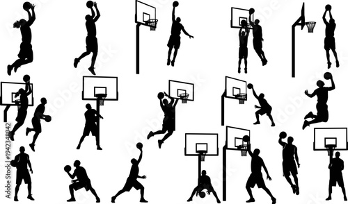 Silhouette vector illustration of basketball players performing slam dunks, dribbling, shooting, jumping, passing, playing game action, sports training, athletic movement, teamwork design