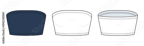 Classic Tube Bra Top Technical Fashion Illustration. Minimal Strapless Bandeau Top Vector Template. Women’s Basic Tube Top Clothing CAD Mockup Front and Back View.