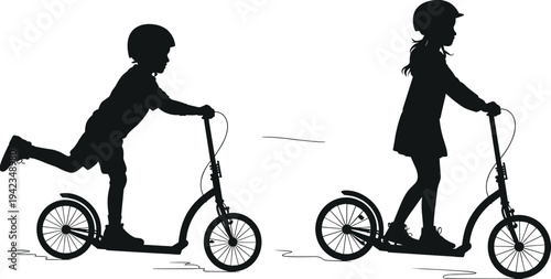 Silhouette vector illustration of children riding kick scooters wearing helmets, outdoor play activity concept, healthy lifestyle, childhood fun, and urban recreation design.