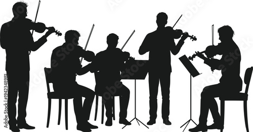 Silhouette vector illustration of classical musicians performing with violins and music stands, orchestra group playing string instruments in concert, elegant musical performance design.