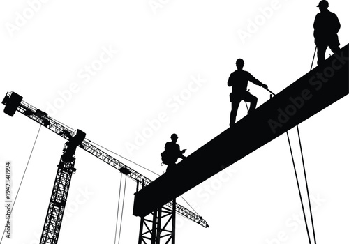 Silhouette vector illustration of construction workers on steel beam with cranes, teamwork and safety concept, industrial building site, architecture engineering background