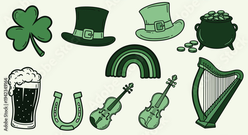 St Patricks Day Icons Set Green Flat Design