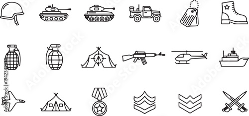 Set of 18 Military and Army Outline Icons Vector for Defense, War, Security, and Veteran Themes, Featuring Tanks, Weapons, and Uniform Elements