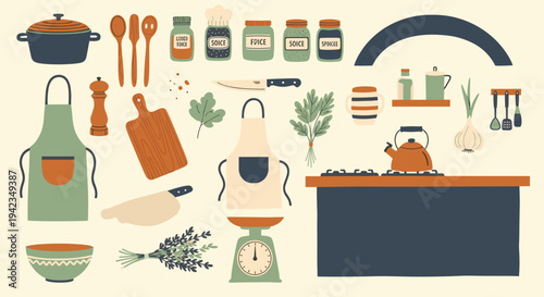 Kitchen still life with cooking utensils and ingredients flat illustration for culinary themes