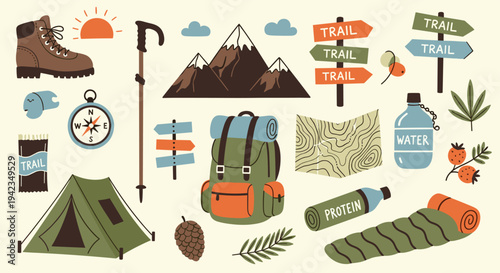 Hiking gear flat lay with boots backpack and tent for outdoor adventure