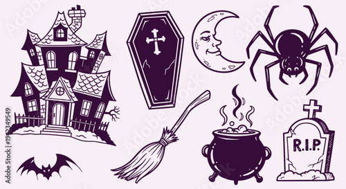 Halloween Icons Collection Haunted House Coffin Moon Spider Witch Broom Cauldron Gravestone Bat