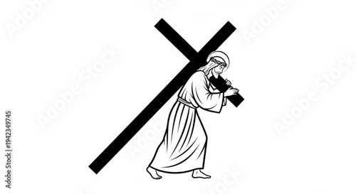 Jesus Christ carrying heavy cross with crown of thorns on his head