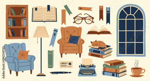 Cozy reading nook with armchair and bookshelf illustration for book lovers and relaxation