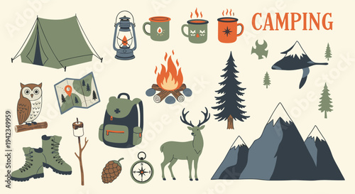 Camping elements flat design cute illustration for outdoor adventure