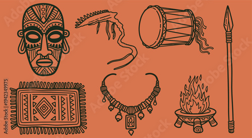 African tribal elements mask drum spear rug necklace campfire illustration