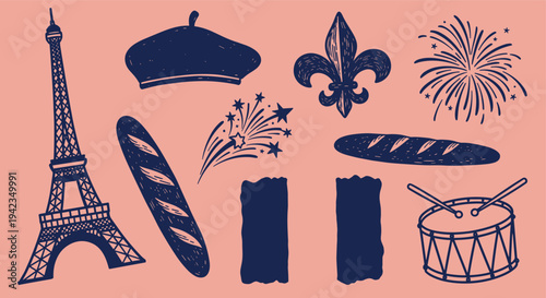 French icons collection on pink background