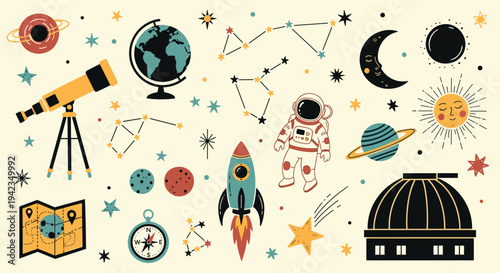Space exploration elements on a cream background with stars and constellations for kids education