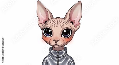 Charming Sphynx cat in metallic jumpsuit with gentle expression