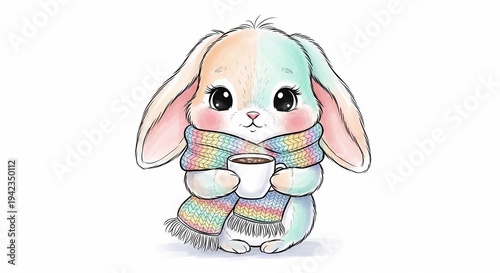 Cute fluffy bunny wrapped in knitted scarf holding warm cup of cocoa with cozy expression