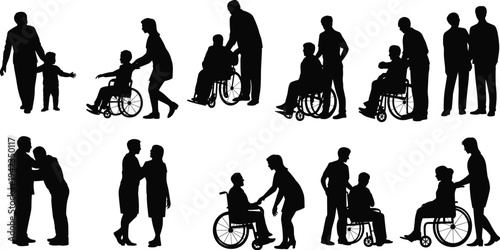 Caregiver assisting wheelchair patient silhouettes collection, disability support family care rehabilitation people isolated black vector illustration