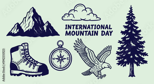 International Mountain Day illustration with hiking boot compass eagle pine tree and clouds for travel and adventure concepts