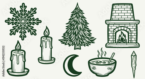 Winter elements snowflake candle christmas tree fireplace moon soup crystal isolated on white background