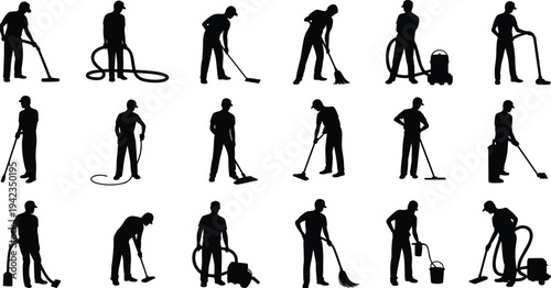 Cleaning service worker silhouettes set, janitor vacuuming mopping sweeping housekeeping staff isolated black vector illustration collection