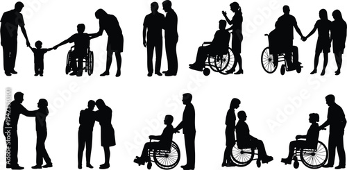 Disability support silhouettes collection, caregivers assisting wheelchair users family care and rehabilitation activity isolated black vector illustration