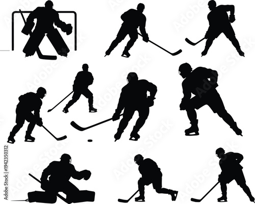 Photography Silhouette vector illustration of ice hockey players in action, skating, shootin