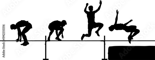 Silhouette vector illustration of male athlete performing high jump stages, professional sports training, track and field competition, strength, balance, fitness, and agility concept