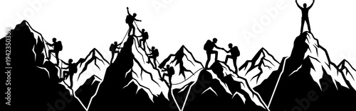 Silhouette Vector Illustration of Mountaineers Climbing a Mountain Peak with Helping Hands and Victory Celebration.