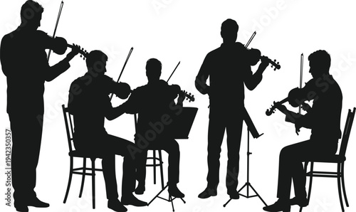 Silhouette vector illustration of musicians playing violins in orchestra performance, classical music concert group, string ensemble artwork for design and educational projects.