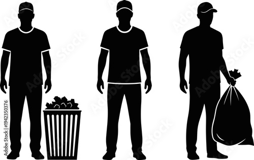 Silhouette vector illustration of people disposing trash and carrying garbage bags, promoting waste management, cleanliness, environmental responsibility, and proper disposal habits
