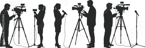 Silhouette vector illustration of news reporters and cameramen working together, broadcasting live television interview, media journalism concept, communication and press coverage scene