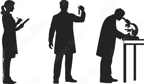 Silhouette vector illustration of scientists working in laboratory, researchers conducting experiments, analyzing samples, and using microscope for scientific research and innovation