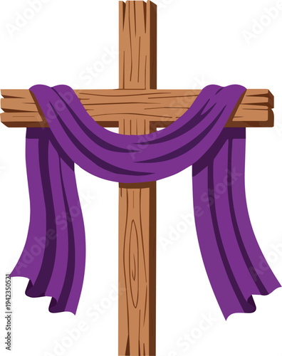 Easter egg spring pastel decoration pattern set collection vector illustration of a cartoon wooden cross draped in purple cloth against a white background, front view