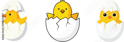 A playful pastel vector illustration set showing a cartoon chick emerging in three stages from an egg, perfect for spring décor pattern collection, nature birth animation.