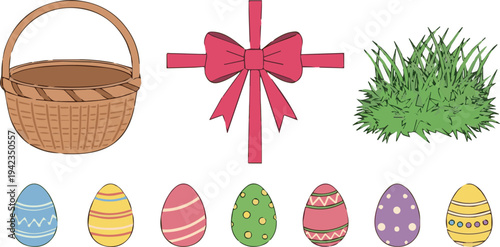 Vibrant Pastel Basket with Red Bow, Grass, and Colorful Egg Collection Displayed in a Spring Landscape Vector Illustration with Bright Colors
