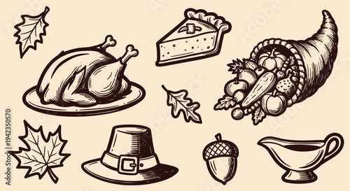 Thanksgiving harvest icons roasted turkey pie cornucopia and autumn leaves for holiday celebration