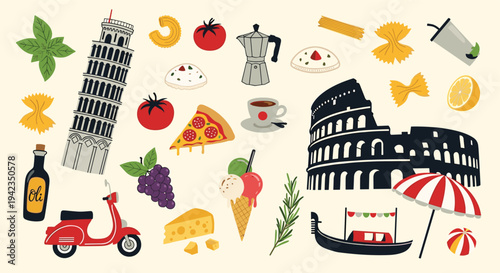 Italian icons collection flat design for travel and food concepts