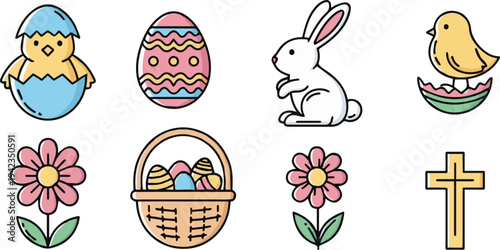 Easter Illustration Set Featuring Chick in Blue Egg, Pink and Green Eggs, White Rabbit, Yellow Chick, Pink Flower, Basket of Eggs, Gold Cross, Pastel Spring Decorative Pattern Collection