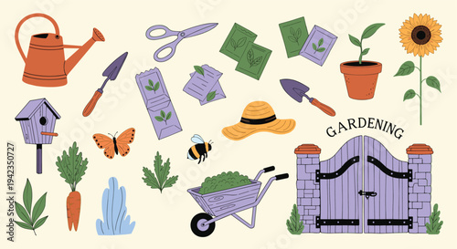 Gardening tools and elements on a light background with a sunflower and gate for hobby and leisure concepts