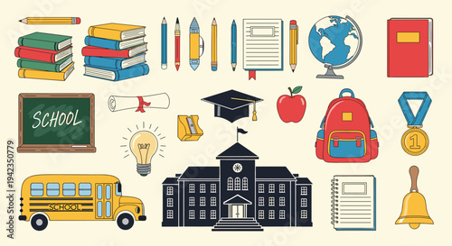 school supplies and building flat design for education concepts