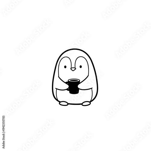Socially awkward penguin holding coffee in ultra minimal doodle illustration