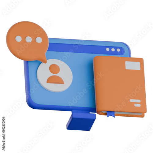 A 3D computer screen displaying a user profile with a speech bubble and a book symbolizing virtual education and online tutoring