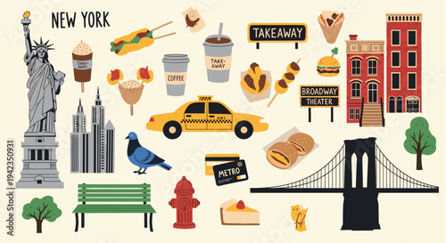 New York City icons flat illustration for travel and tourism
