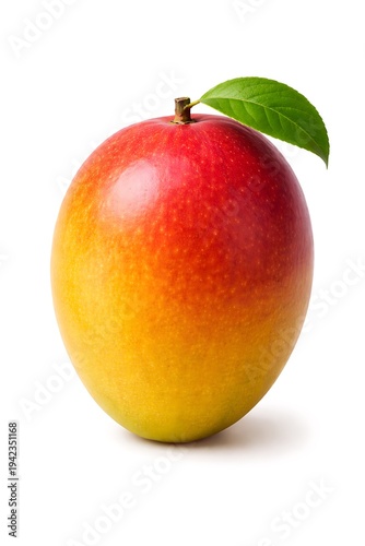 Exotic Mango: A single, vibrant mango, its skin a gradient of sun-kissed yellow and fiery red, sits poised with a fresh, verdant leaf, embodying the essence of tropical allure.