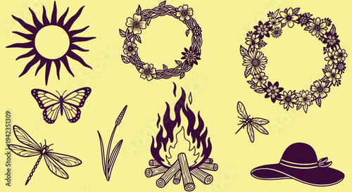 Summer icons campfire sun butterfly dragonfly hat floral wreaths for design