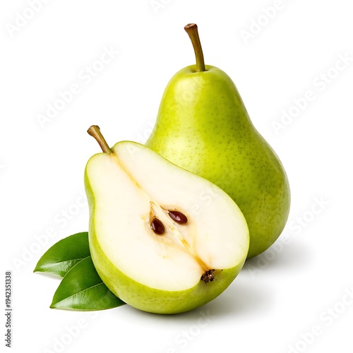 Green Pear Still Life: A refreshing still-life composition featuring two vibrant green pears, one halved to reveal its juicy interior and seeds, accompanied by lush green leaves.