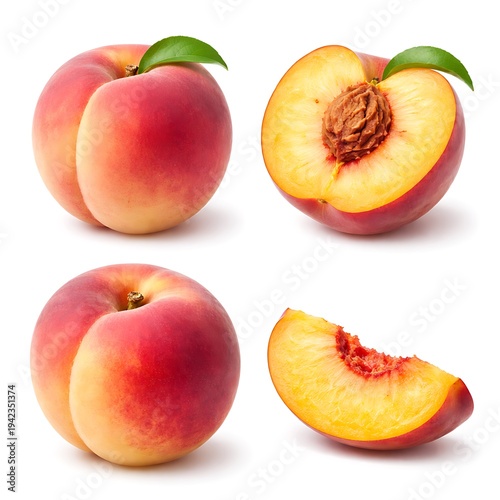 Peach in focus: Four vibrant peaches, some whole and others artfully sliced, showcase the exquisite beauty of nature's bounty, evoking a sense of freshness and culinary delight.