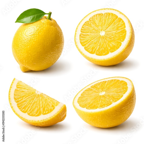 Lemon's Fresh Slice: A vibrant composition features a whole lemon and three precisely cut slices, exhibiting the fruit's tangy allure.