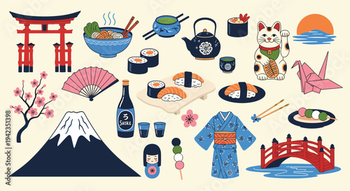japanese culture elements flat design illustration for travel and food concepts