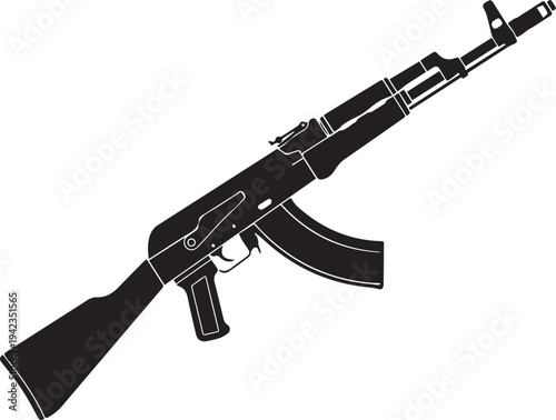 Black military assault rifle vector illustration isolated on white background with metal barrel trigger and automatic AK-47 weapon details
